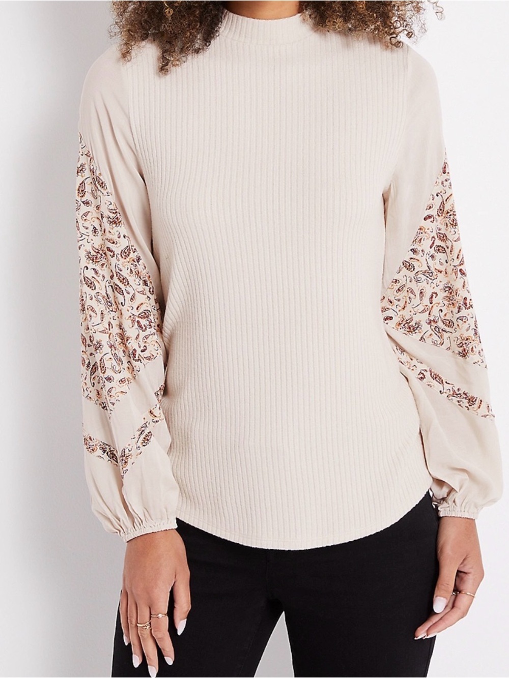 Maurices Cream Ribbed Top with Paisley Balloon Sleeves
